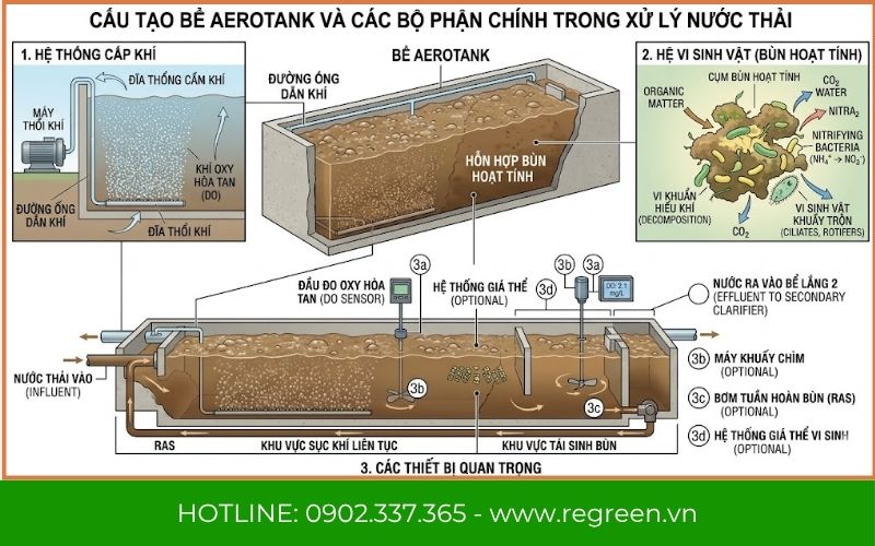 Cấu tạo chi tiết các bộ phận bên trong bể aerotank
