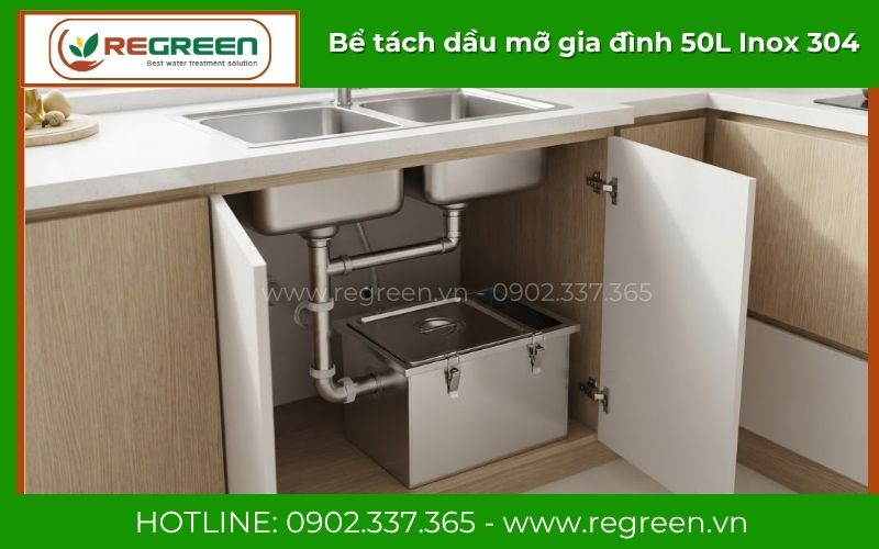 Mẫu bể tách dầu mỡ gia đình 50L đặt dưới bồn rửa bát