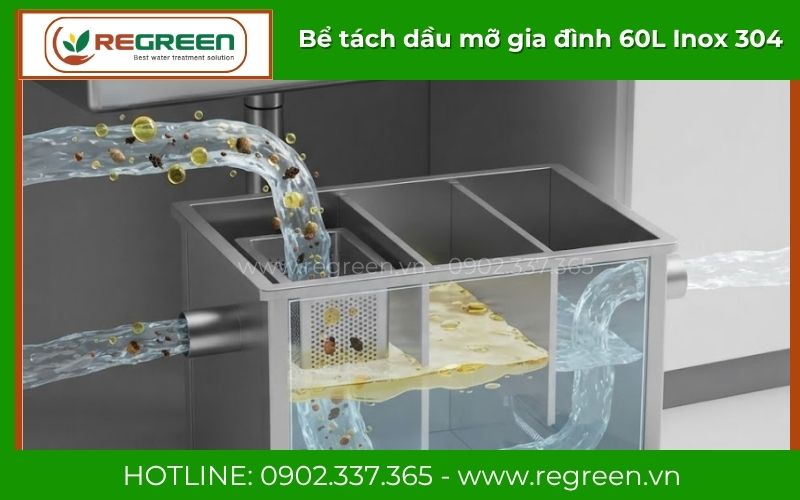 Cấu tạo 3 ngăn thông minh bên trong bể tách dầu mỡ gia đình 60L