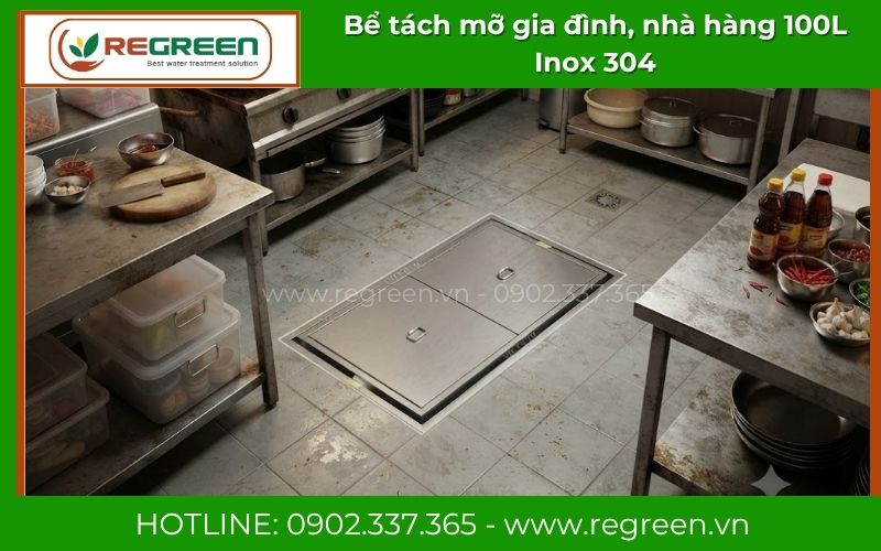 Thi công chôn âm sàn bể tách mỡ 100L tại quán ăn