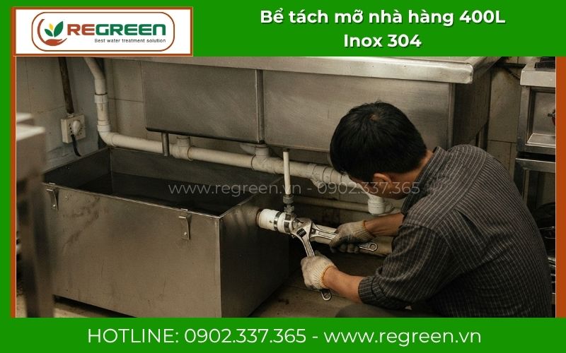 Bể tách mỡ 400L kết nối dưới hệ thống bồn rửa đôi