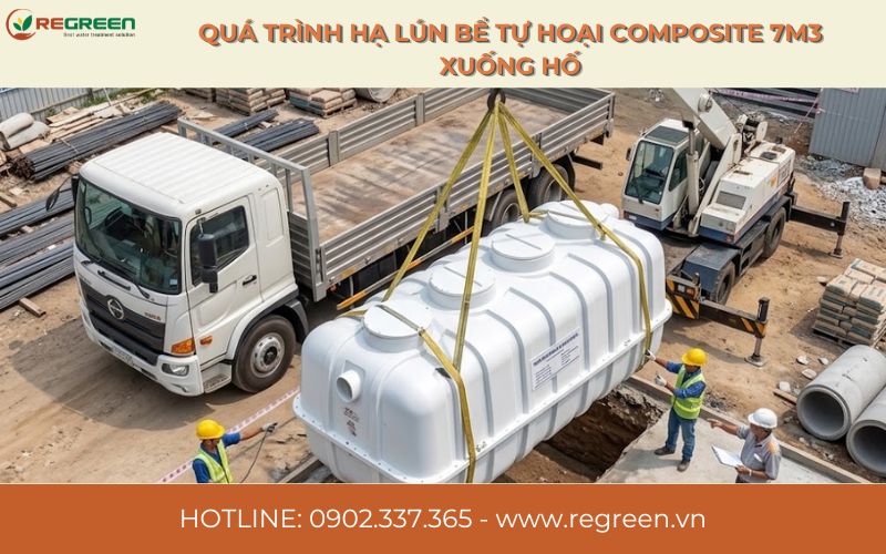 Quá trình hạ lún bể tự hoại Composite 7m3 xuống hố