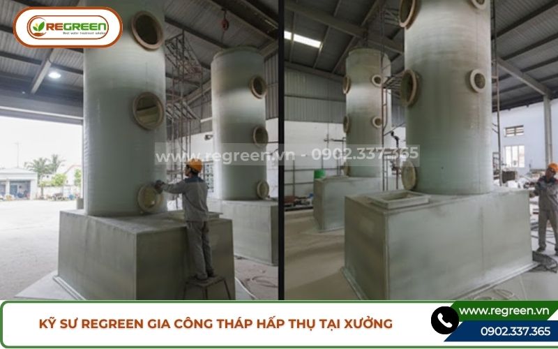 Kỹ sư Regreen gia công tháp hấp thụ khí thải tại xưởng.