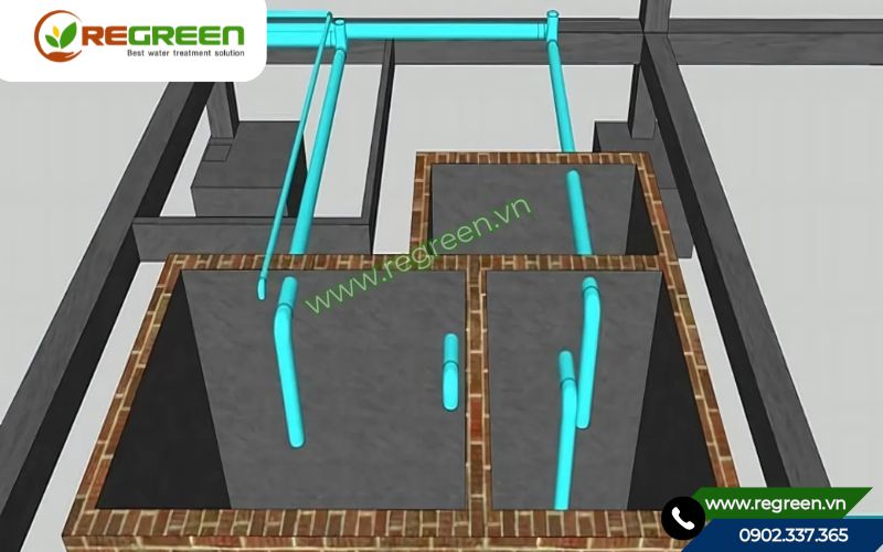 Bản vẽ tiêu chuẩn về cách đặt ống bể phốt 3 ngăn.