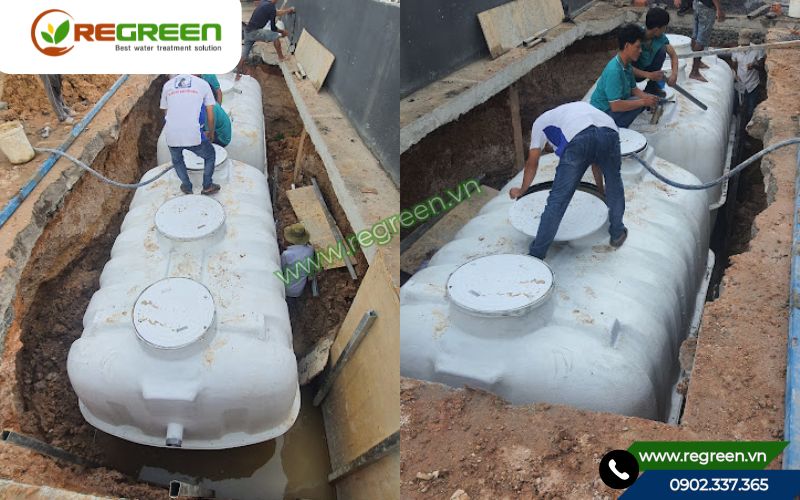 Đội ngũ Regreen thi công cách đặt ống bể phốt 3 ngăn.