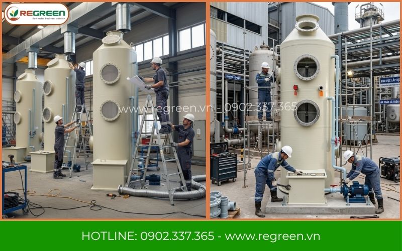 Xưởng sản xuất tháp hấp thụ xử lý khí thải Regreen quy mô lớn