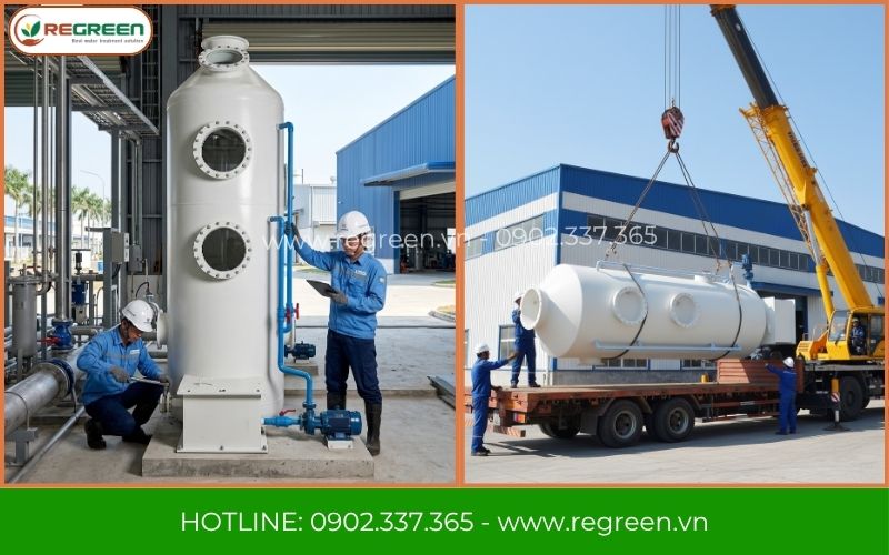 Đội thợ Regreen thi công tháp hấp thụ xử lý khí thải