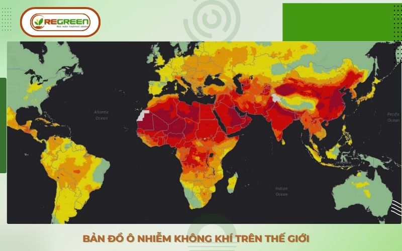 Bản đồ thế giới thể hiện dẫn chứng về ô nhiễm không khí.