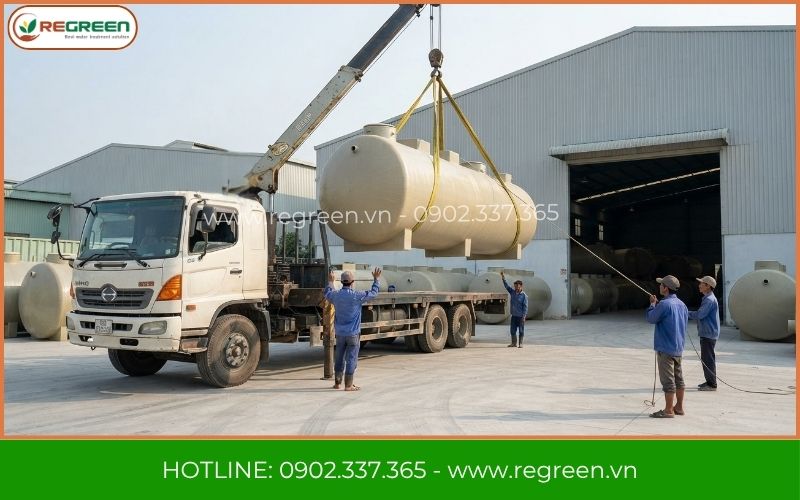 Cẩu vận chuyển bể xử lý nước thải sinh hoạt đến công trình