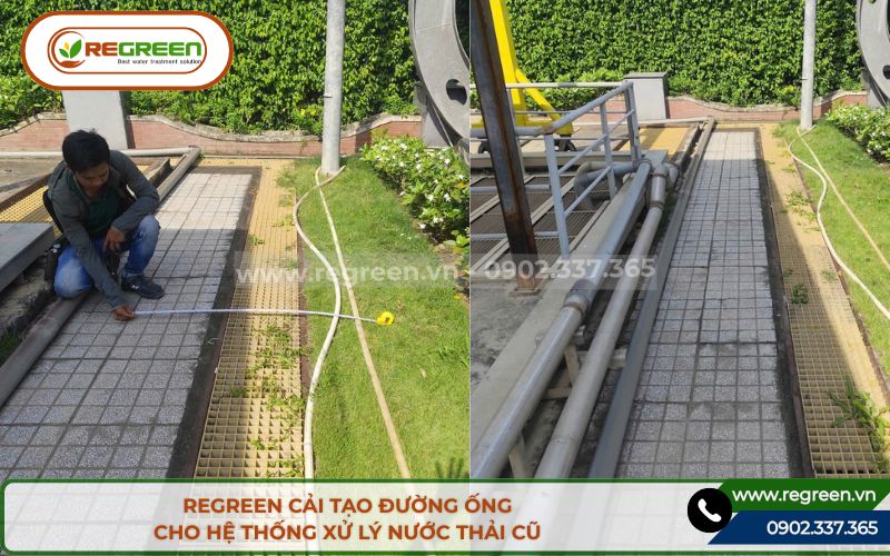 Lắp đặt đường ống mới khi cải tạo hệ thống xử lý nước thải.