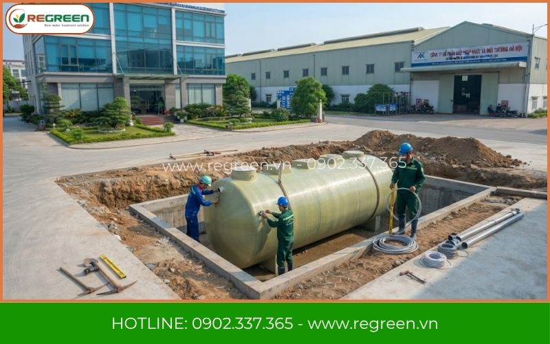 Công nhân lắp đặt hệ thống cơ điện xử lý nước thải Hà Nội.