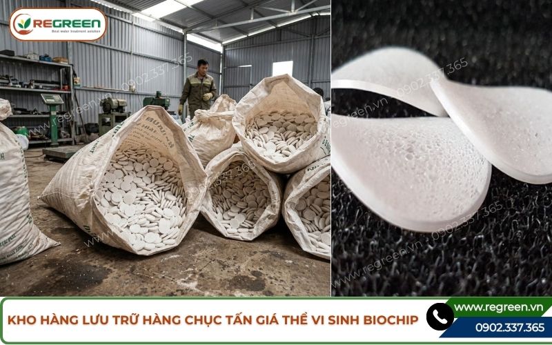 Kho hàng lưu trữ hàng chục tấn giá thể vi sinh Biochip.