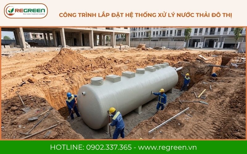 Công trình thi công hệ thống xử lý nước thải đô thị.