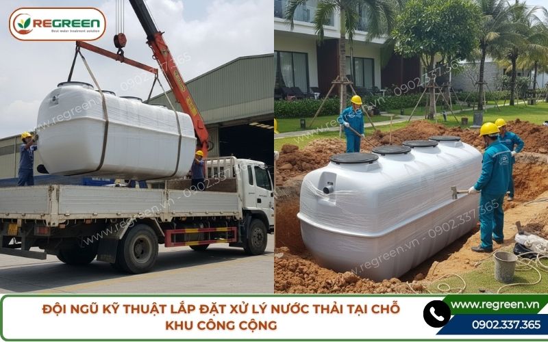 Đội ngũ kỹ thuật lắp đặt xử lý nước thải tại chỗ khu công cộng.