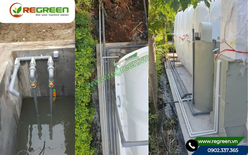 Cận cảnh đường ống công nghệ xử lý nước thải sinh hoạt 5m3.