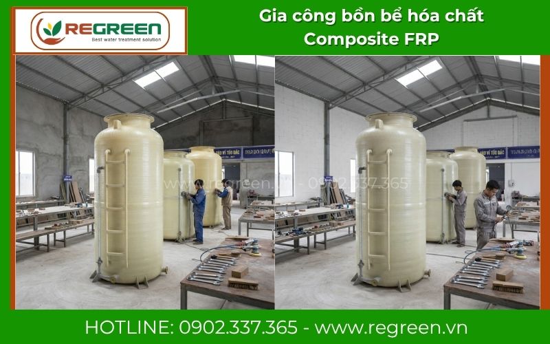Gia công bồn bể hóa chất Composite FRP dáng đứng cho nhà máy