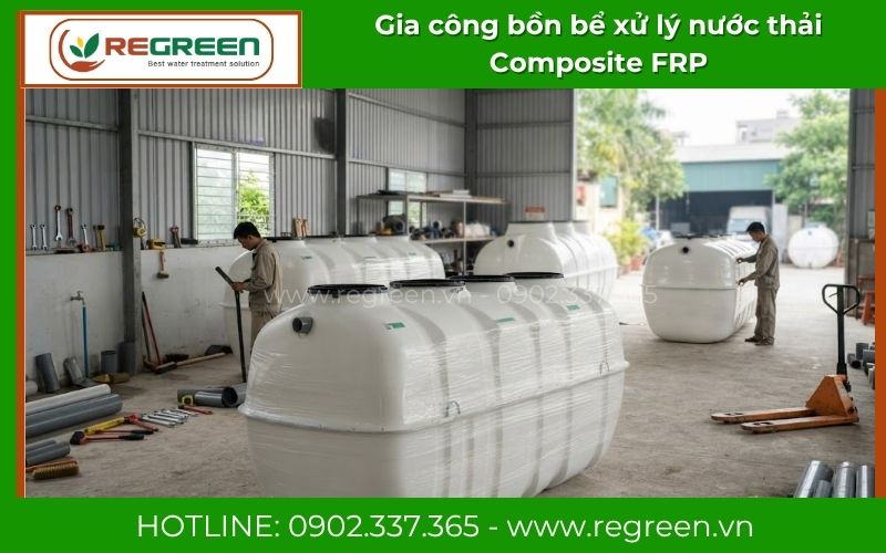 Thợ lành nghề gia công bồn bể xử lý nước thải Composite FRP tại xưởng