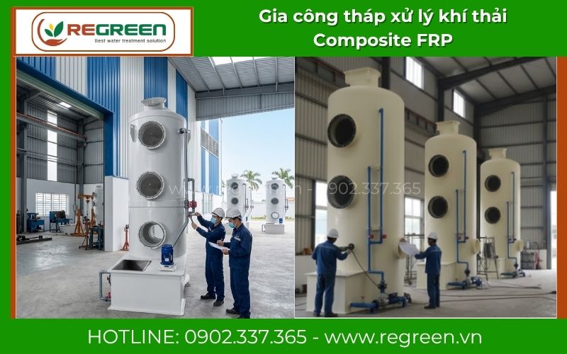 Xưởng gia công tháp xử lý khí thải Composite FRP quy mô lớn tại Regreen