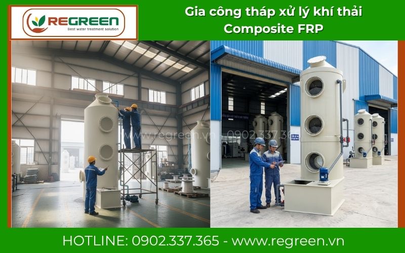 Đội ngũ kỹ sư tiến hành gia công tháp xử lý khí thải Composite FRP