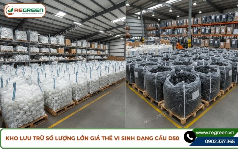 Kho lưu trữ số lượng lớn giá thể vi sinh dạng cầu D50