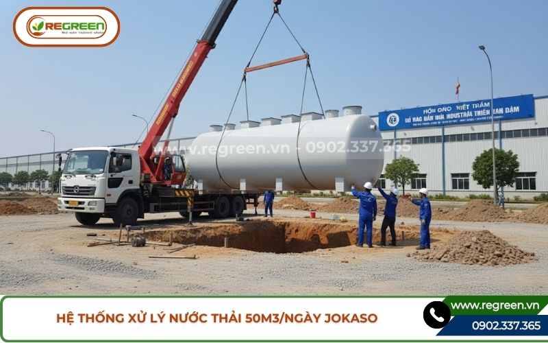 Cẩu hạ hệ thống xử lý nước thải 50m3 xuống xe