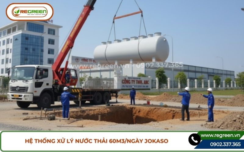 Cẩu hạ hệ thống xử lý nước thải 60m3 xuống hố móng