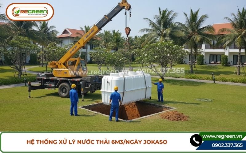Cẩu hạ hệ thống xử lý nước thải 6m3 xuống hố