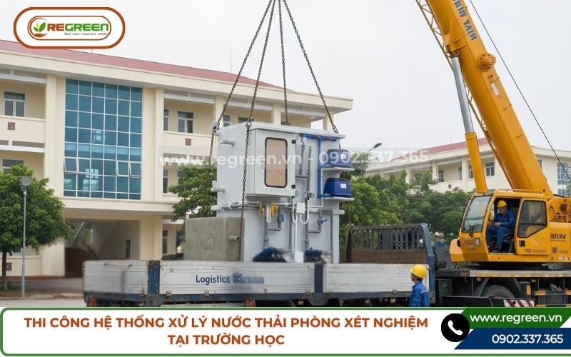 Thi công hệ thống xử lý nước thải phòng xét nghiệm tại trường học.