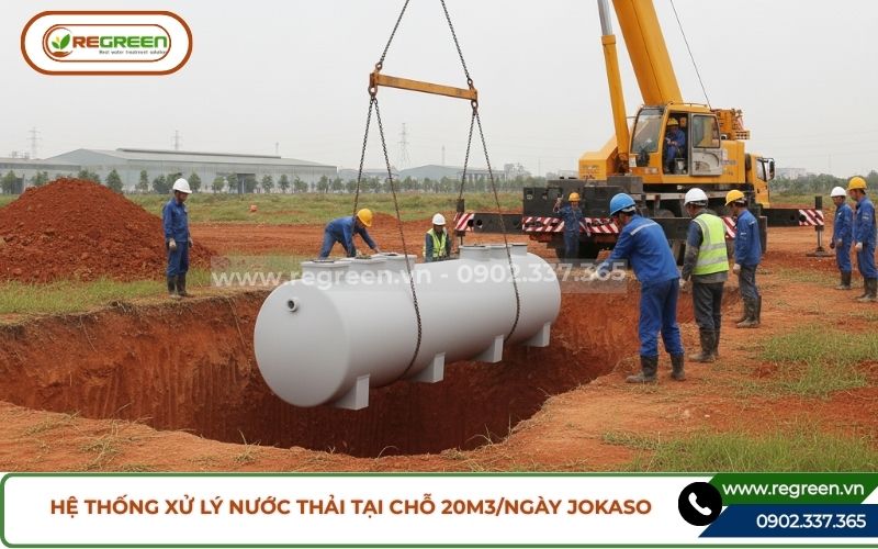 Cẩu hạ hệ thống xử lý nước thải tại chỗ 20m3 xuống hố.