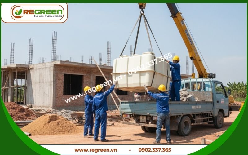 Kỹ sư Regreen vận chuyển hệ thống xử lý nước thải tại chỗ 5m3 Jokaso xuống công trình.