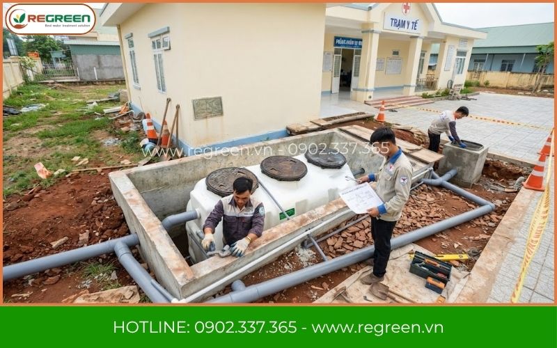 Kỹ sư lắp đặt hệ thống xử lý nước thải trạm y tế