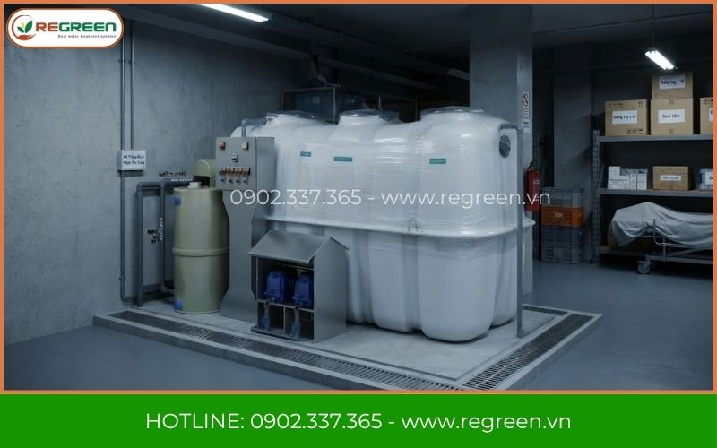 Vị trí đặt máy xử lý nước thải y tế tại tầng hầm phòng khám