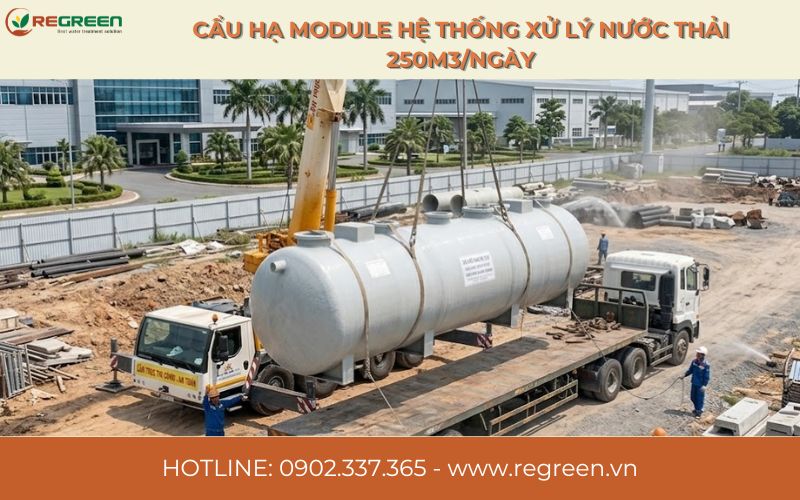 Cẩu hạ module hệ thống xử lý nước thải 250m3
