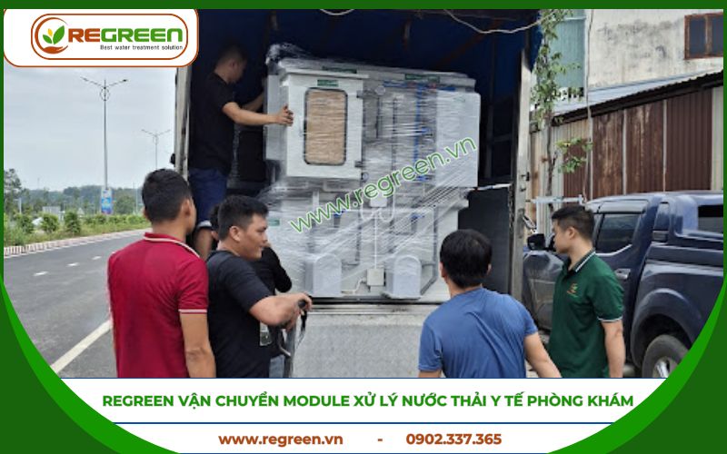 Vận chuyển module xử lý nước thải y tế phòng khám đến công trình.