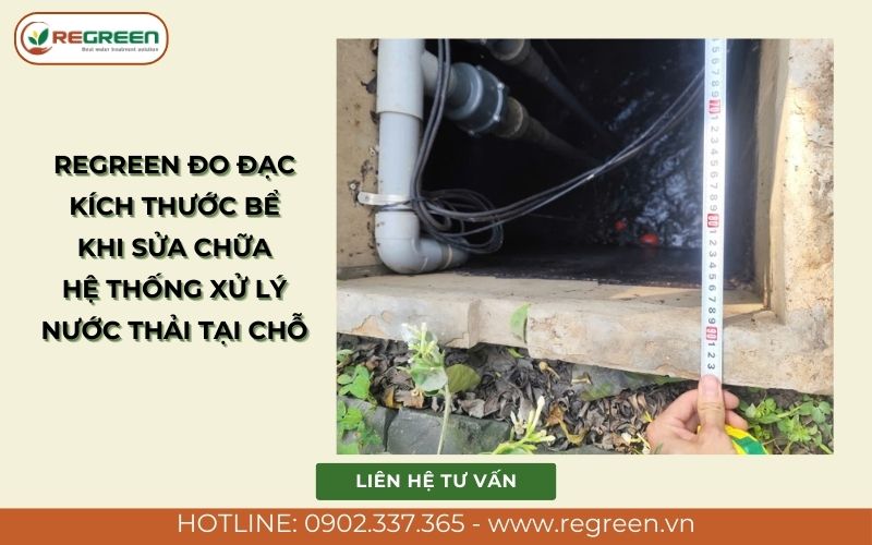 Đo đạc kích thước bể khi sửa chữa hệ thống xử lý nước thải tại chỗ.