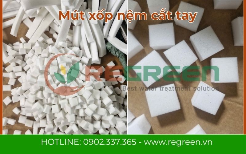 Hình ảnh cận cảnh khối giá thể mút xốp nệm cắt tay không đồng đều