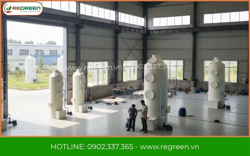 Kỹ sư Regreen thi công tháp hấp thụ xử lý khí thải
