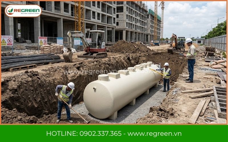 Lấp cát mịn xung quanh thành hệ thống xử lý nước thải 30m3.