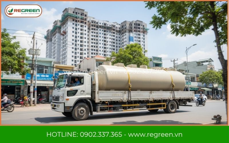 Xe vận chuyển bồn composite hệ thống xử lý nước thải 30m3.