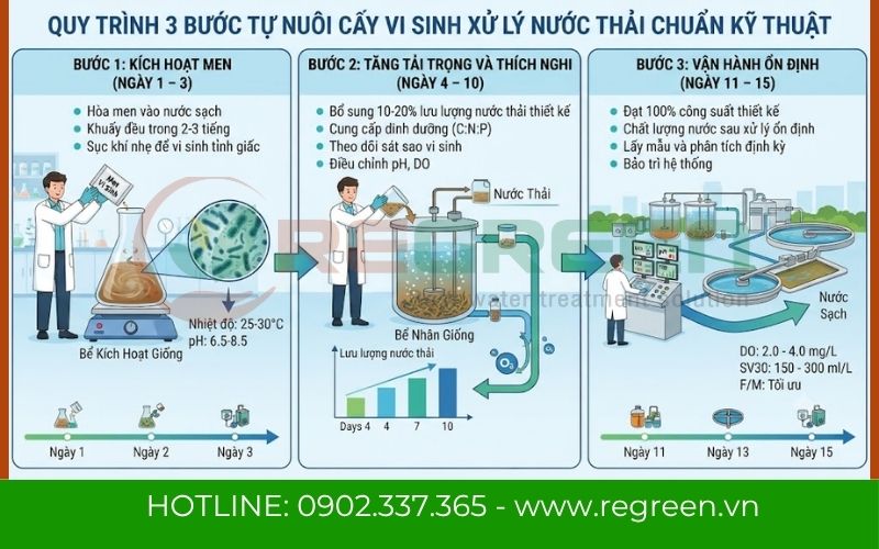 Quy trình 3 bước tự thực hiện nuôi cấy vi sinh xử lý nước thải
