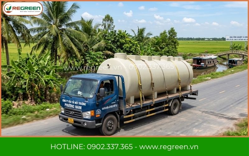 Vận chuyển bồn ReGreen xuống công trình xử lý nước thải Cà Mau