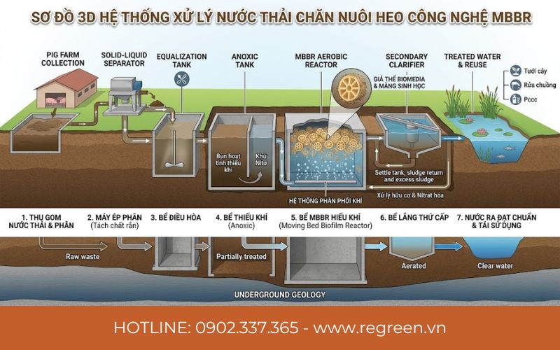 Sơ đồ 3D hệ thống xử lý nước thải chăn nuôi heo công nghệ MBBR