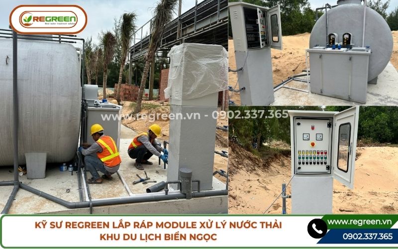 Kỹ sư Regreen lắp ráp module xử lý nước thải khu du lịch