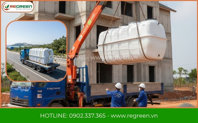 Vận chuyển bồn xử lý nước thải composite giao đến công trình